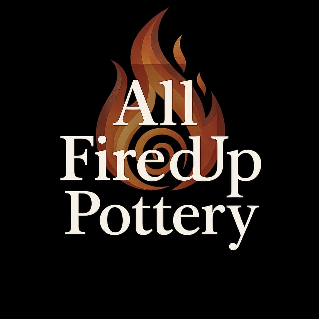 All Fired Up Pottery logo with white text over a stylized orange flame on black.