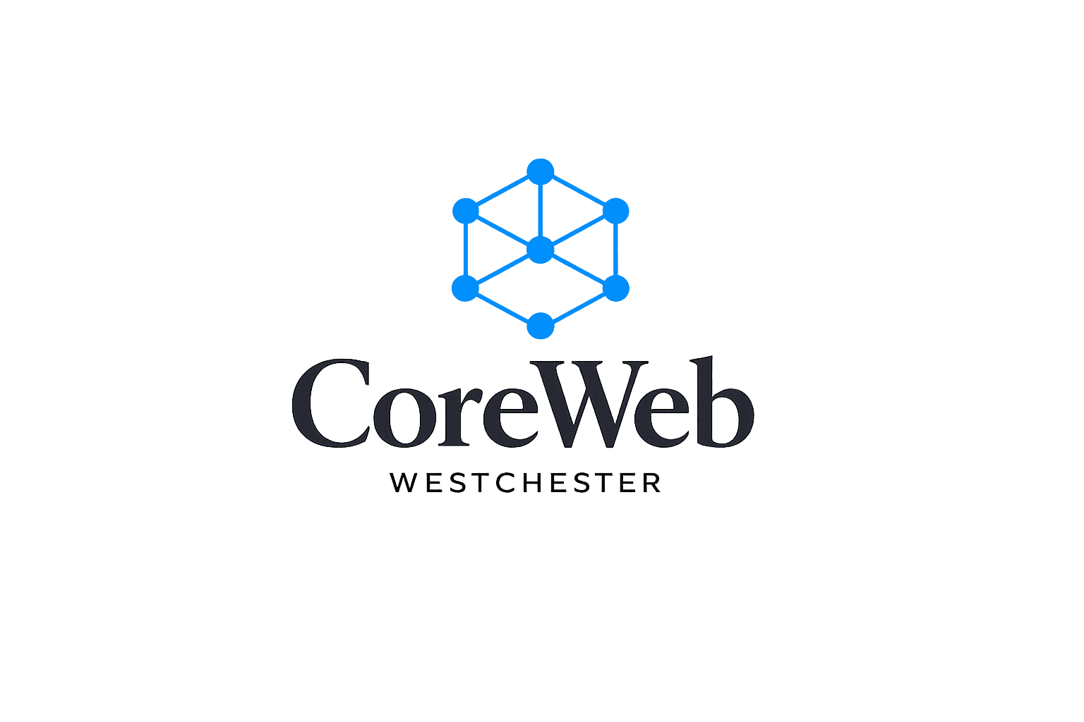 CoreWeb Westchester logo with node network icon and elegant serif wordmark in blue and charcoal