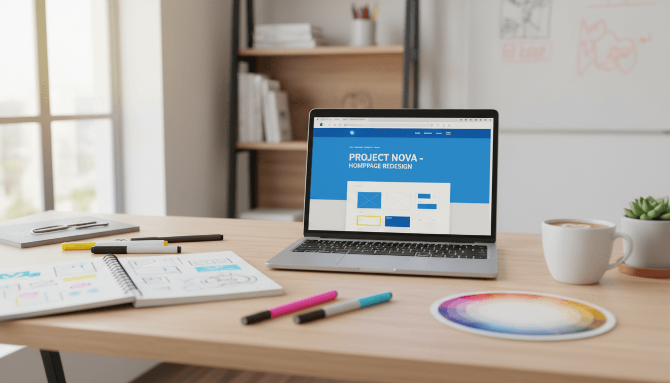 Designer workspace with laptop showing website design, notebook, and creative tools on a clean desk