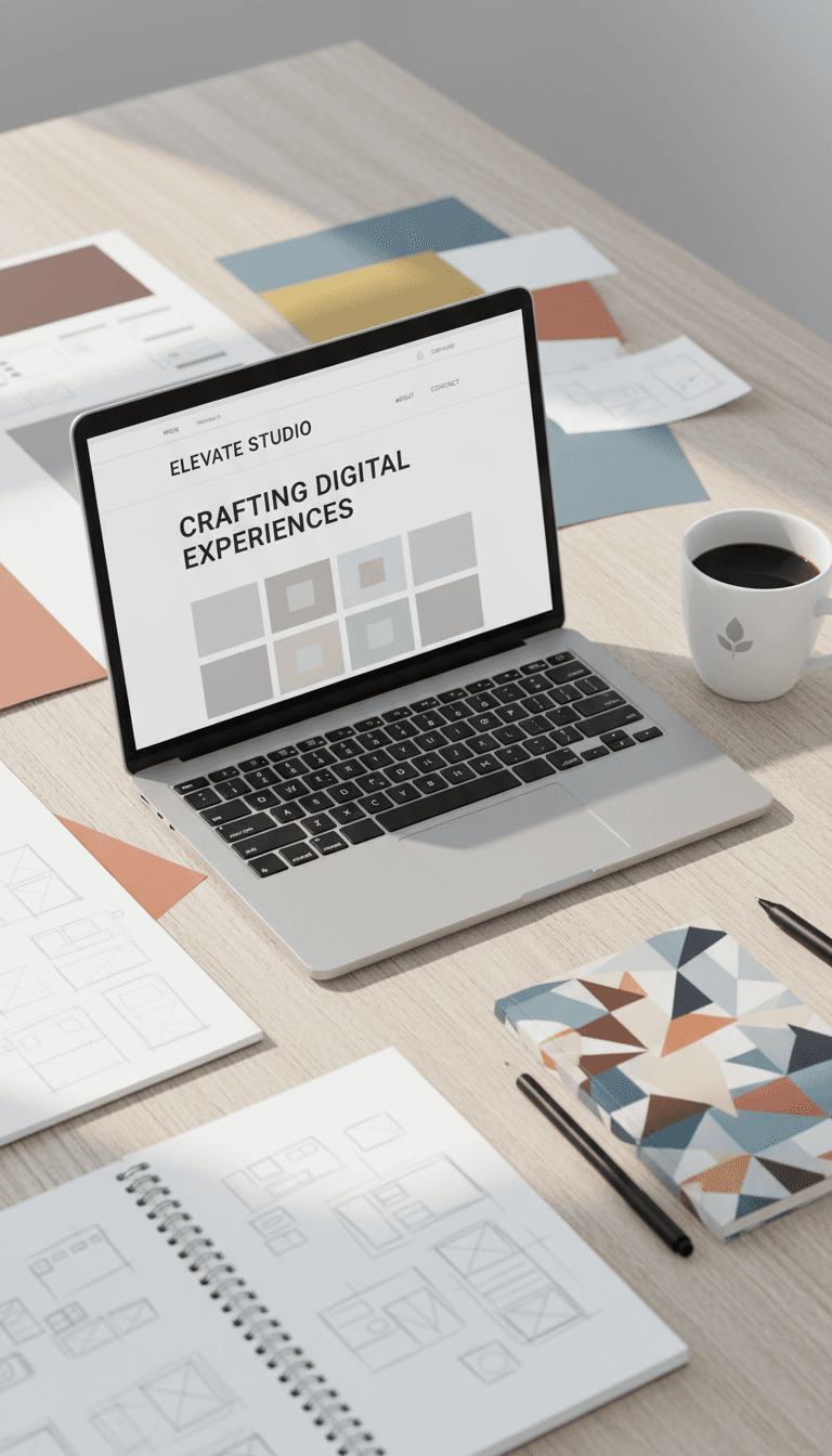 Designer workspace with laptop showing clean website layout