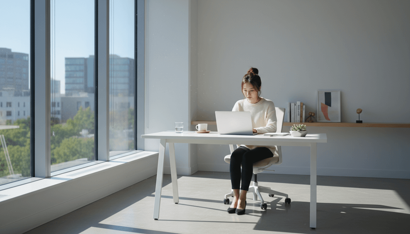 Small business owner working on laptop in a modern bright office