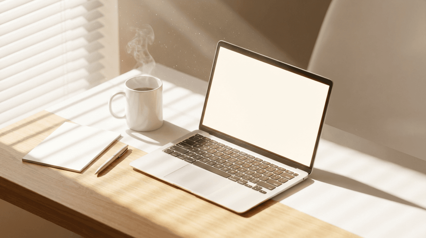 Designer reviewing a website design on a laptop screen in a bright modern workspace