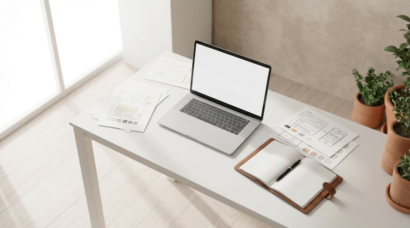Designer workspace showing laptop with website design and project sketches