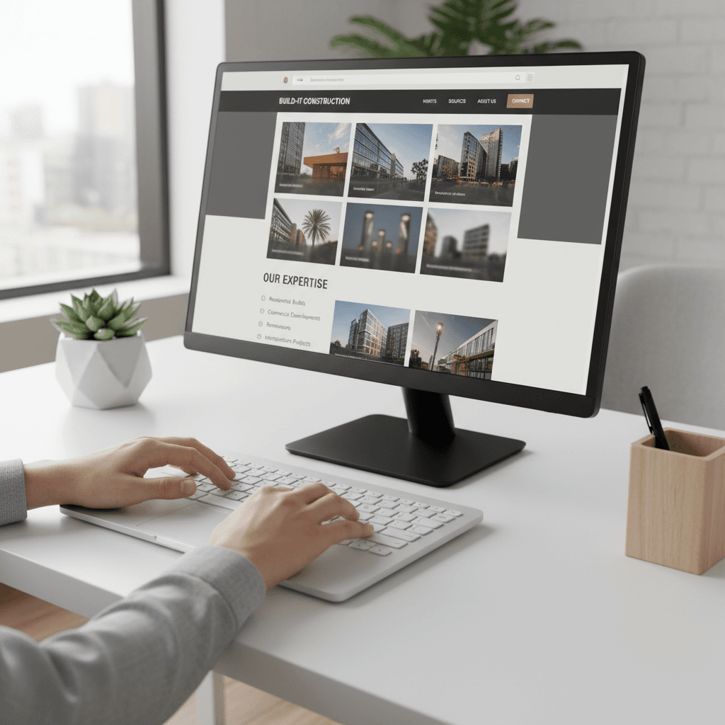 Web designer's hands typing on laptop keyboard with construction industry website mockup displayed on desktop monitor in bright modern office