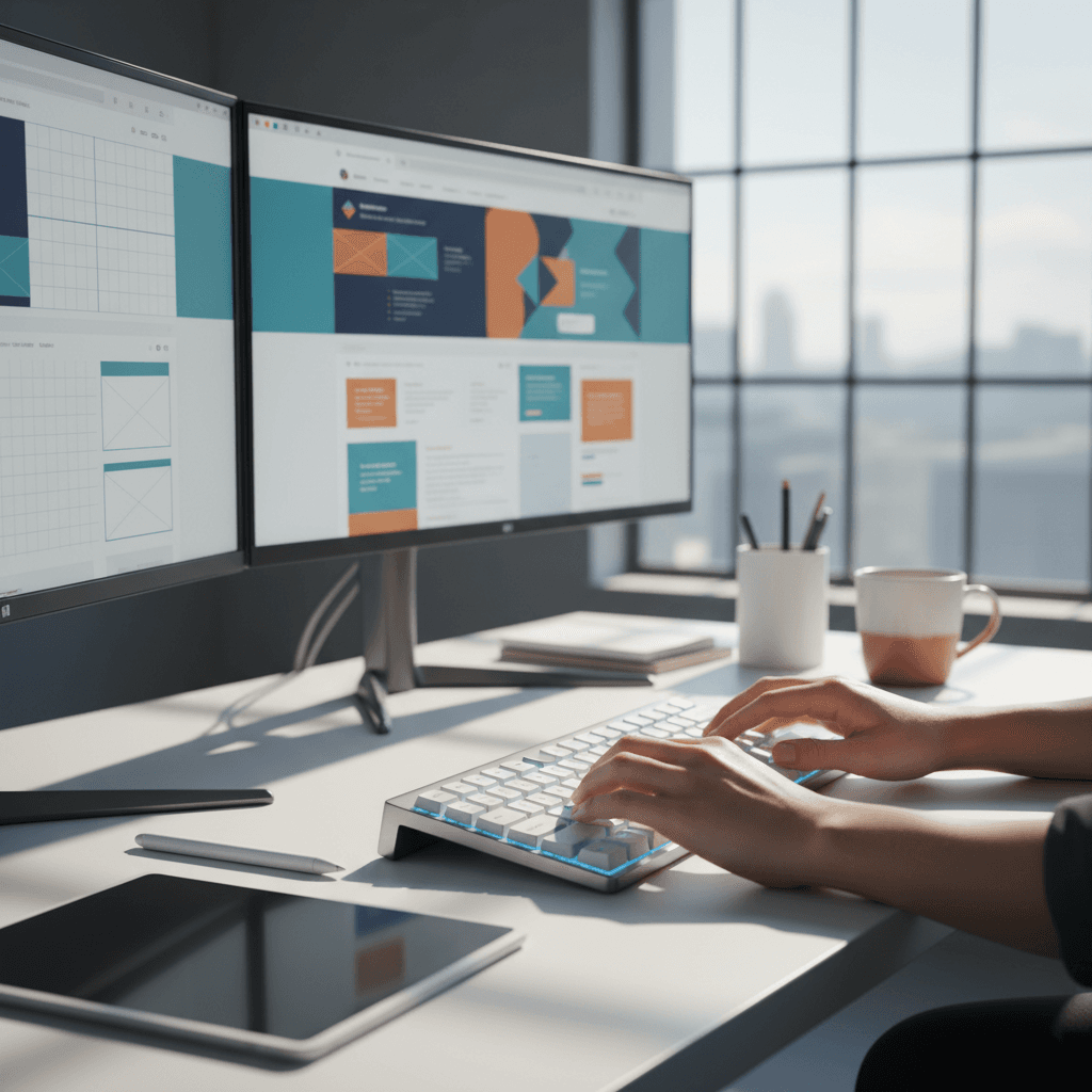 Web designer working on website layouts and design mockups at a clean modern desk