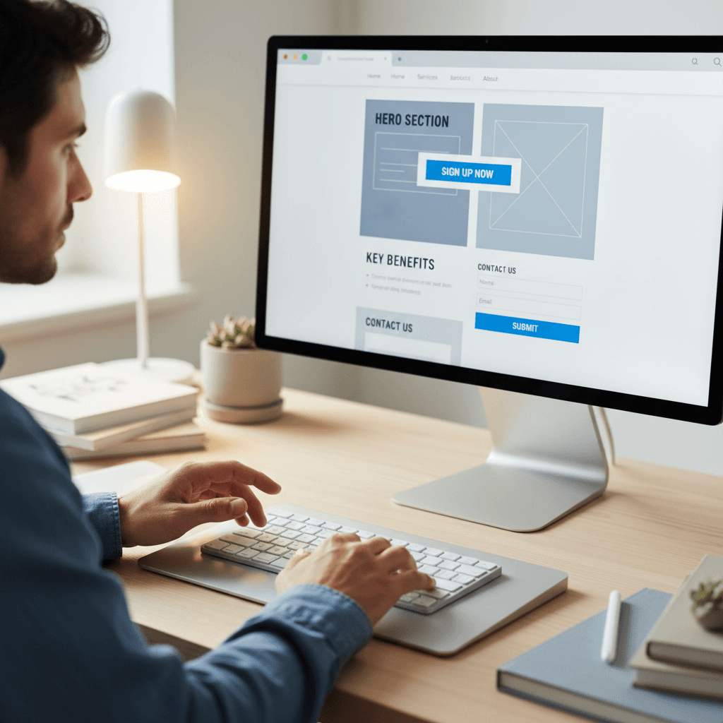 Designer's hands actively working on keyboard creating high-converting website layout and call-to-action elements