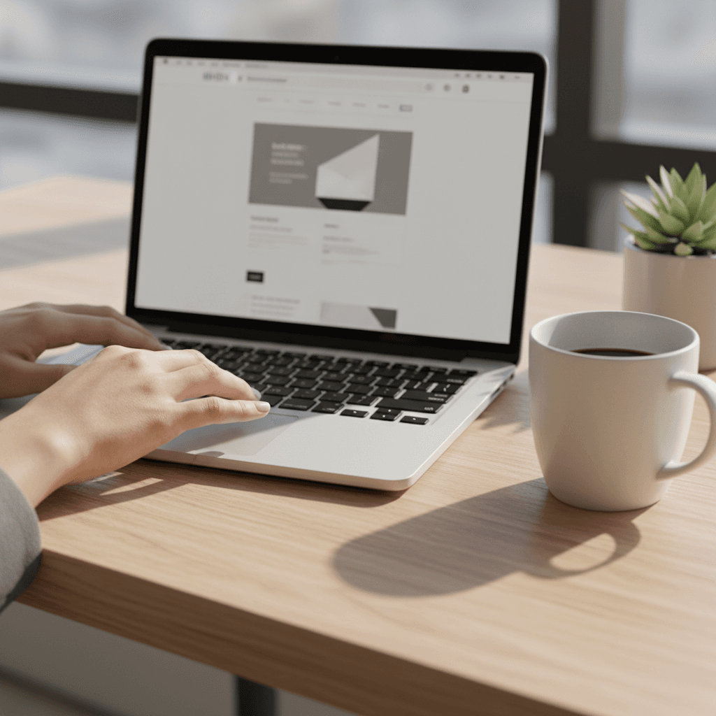 Web designer working at desk with laptop displaying a clean website design
