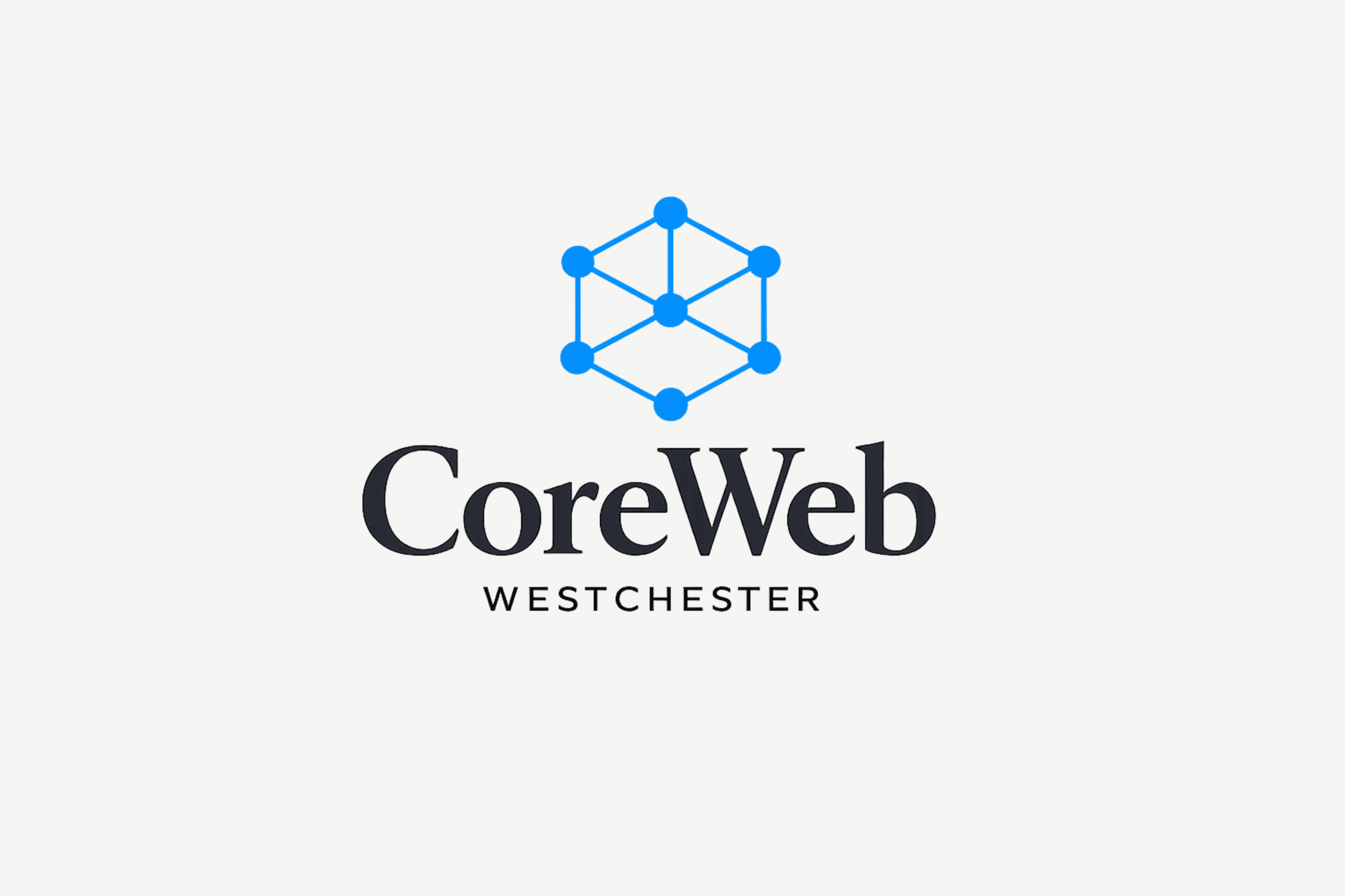 CoreWeb Westchester logo featuring a blue hexagonal network icon above bold dark serif text.